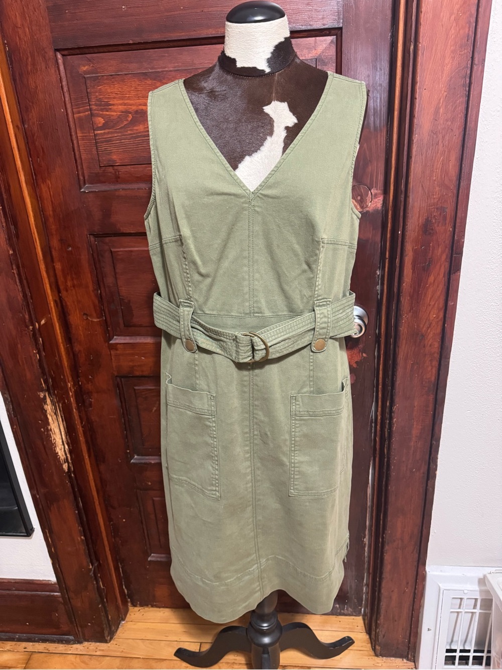 Anthropologie Olive Green Sleeveless V-Neck Midi Dress with Belt